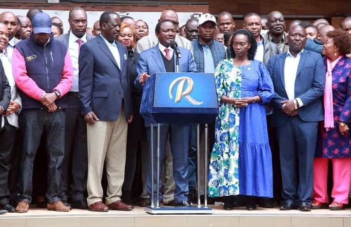 Azimio la Umoja Kenya one coalition leaders led by Raila Odinga, Martha Karua and Kalonzo Musyoka after a meeting yesterday.