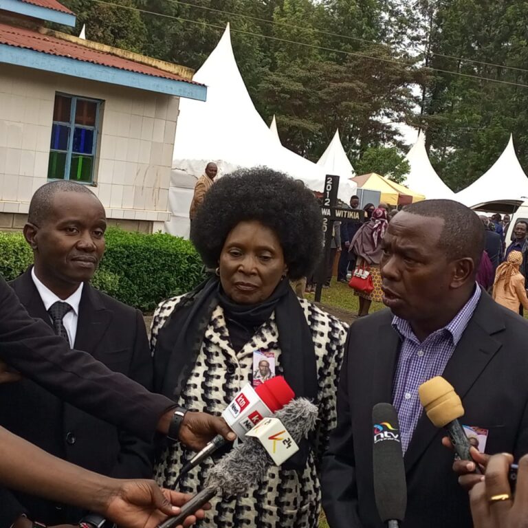 ICT CS Joe Mucheru (left), former Othaya MP Mary Wambui