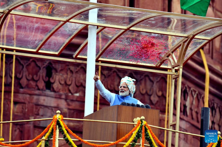 Indian Prime minister Narendra Modi addresses the nation from the rampart of the historic Red Fort on the occasion of India's Independence Day in Delhi, India, Aug. 15, 2022.