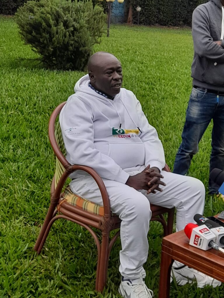 Rigathi Gachagua addressing media at his Sagana home in Mathira constituency yesterday.