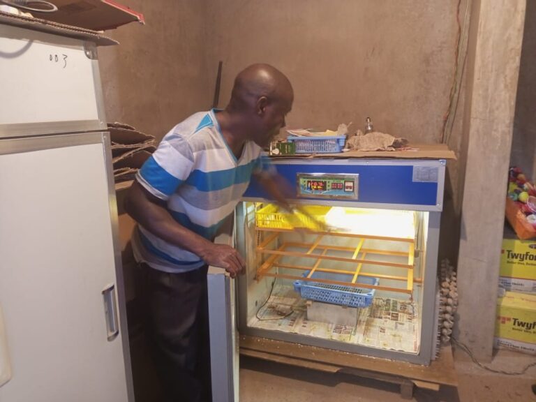 Robert Onsare feeding his chicken at his home-photo Elizabeth Angira