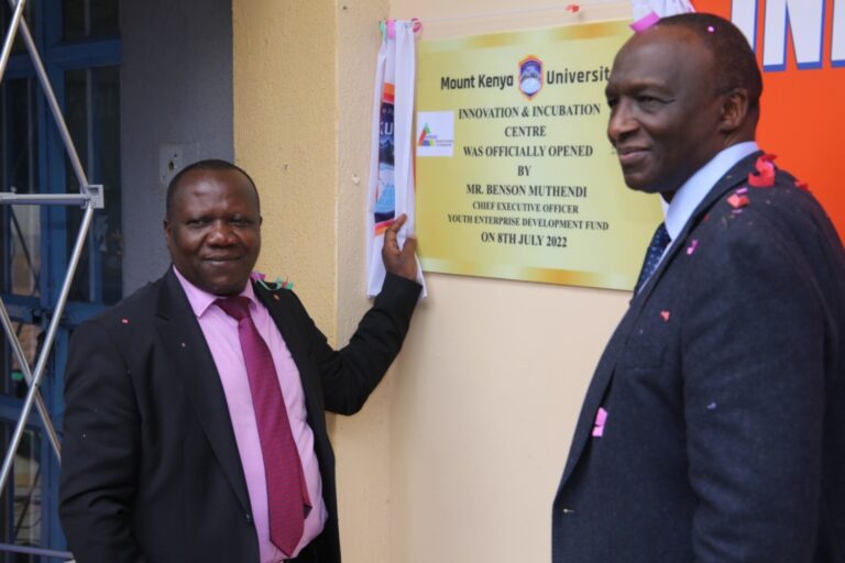 Youth Enterprise Development Fund acting CEO, Benson Muthendi unveiling the plaque of the centre as MKU Vice Chancellor Professor Deo Jaganyi looks on.