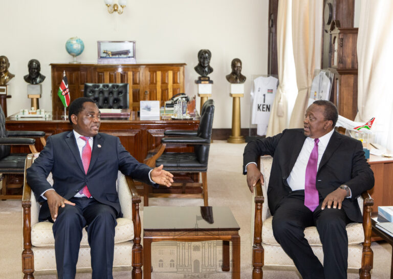His Excellency President Uhuru Kenyatta and His Excellency President Hakainde Hichilema of Zambia on 15th June 2022 at State House, Nairobi