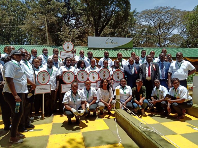KTDA (H) Chairman, David Ichoho and Group CEO Wilson Muthaura posing for a photo with other KTDA staff at Nairobi International Trade Fair-2022 at Jamhuri Show Grounds. KTDA scooped six awards.
