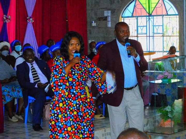 Keroche Industries CEO and Nakuru County senatorial aspirant on UDA ticket Ms Tabitha Karanja addressing Bahati PCEA Church faithful as local MP Kimani Ngunjiri looks on