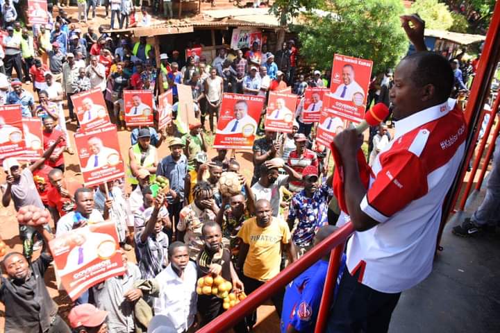 Murang’a county Jubilee party gubernatorial aspirant Jamleck Kamau addressing his supporters in Muthithi Ward, Kigumo constituency.