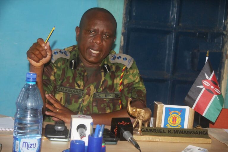Tharaka North Sub County police commander Gabriel Kimanzi Mwangangi address members of press at his Gatunga office.
