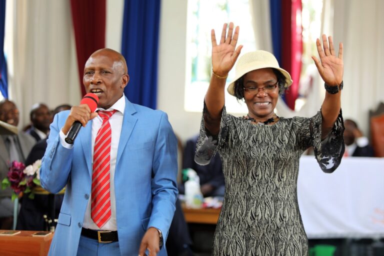 The New Democrats (TND) political party National chairman and Nyeri County gubernatorial aspirant Dr Thuo Mathenge introducing his running mate Dr Esther Wanjiru Maina yesterday.
