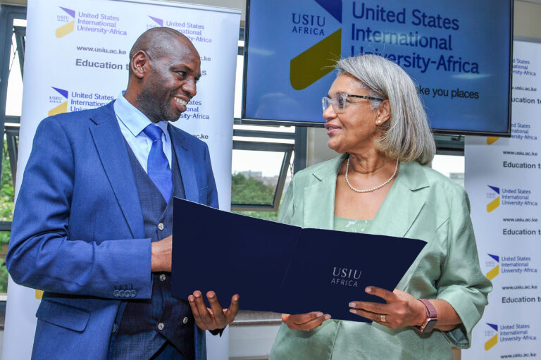 United States International University Africa Dean School of Graduate Studies, Research and Extension Prof Amos Njuguna and Interim Vice Chancellor Prof Freida Brown at the launch of
