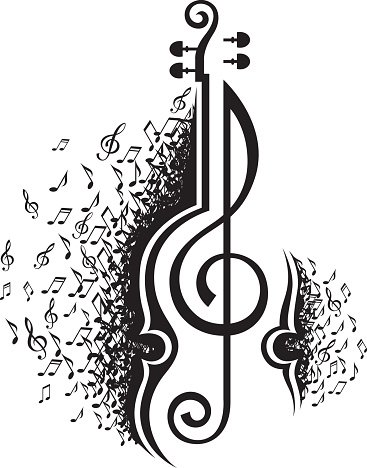 monochrome illustration of musical notes and violin