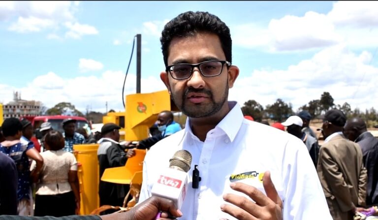 Mukesh Vidhata addressing media during the Agritech Expo in Mweiga, Nyeri County yesterday
