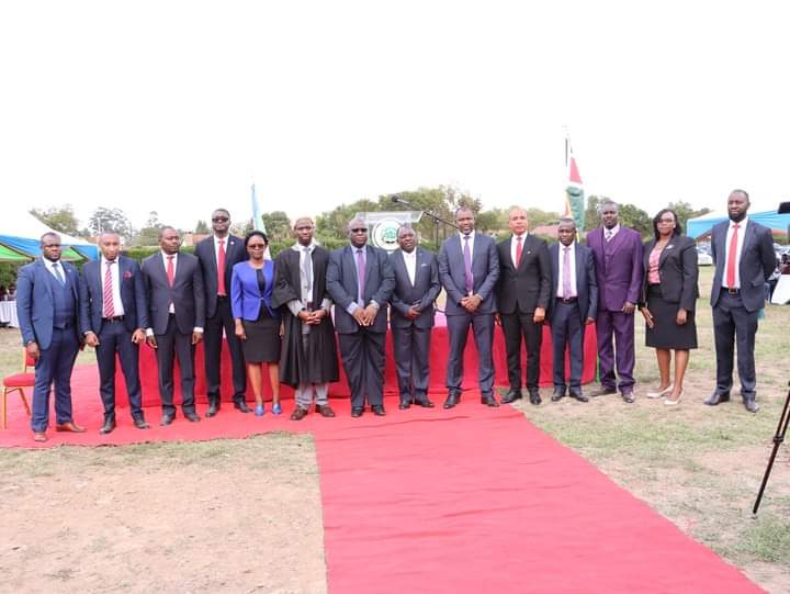 Laikipia County governor Joshua Irungu, his deputy Reuben Kamuri pose for a group photo with the new CECM and other senior County officials after the swearing-in ceremony yesterday