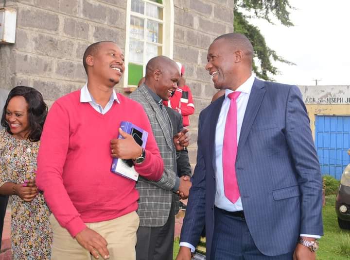 Nyandarua County Governor Moses Kiarie Badilisha (right) interacting with faithful after attended a Service at ACK Ndunyu Njeru Church