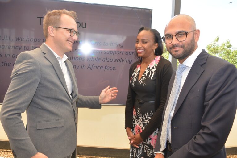 In the photograph, from L-R JLL Head of Africa and Indian Ocean, Wayne Godwin, Mi Vida Commercial Director Ciru Okobi and Superior Homes CEO Shiv Arora.