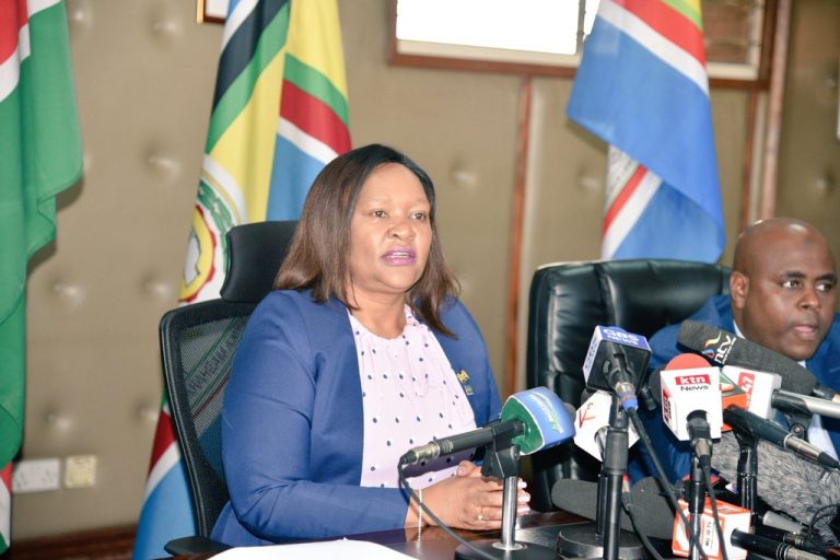 Africa Community Cabinet Secretary Rebecca Miano addresses a press conference in her office