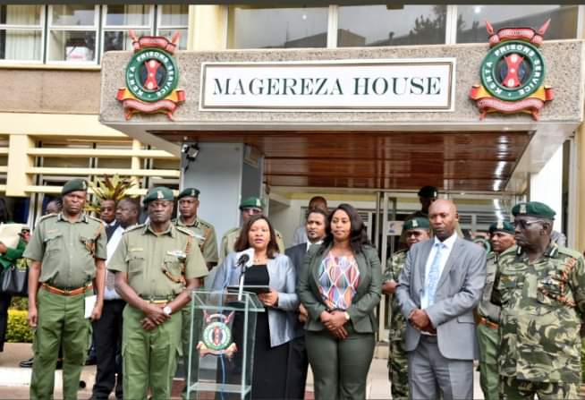 Cabinet Secretary Rebecca Miano with other officials during the handing over of relief supplies