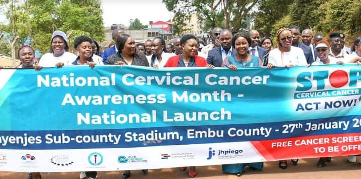 Health Cabinet Secretary Susan Nakhumicha Wafula with Embu County governor Cecily Mbarire during the launch of Cancer Awareness Month at Ruyenjes Stadium in Embu County