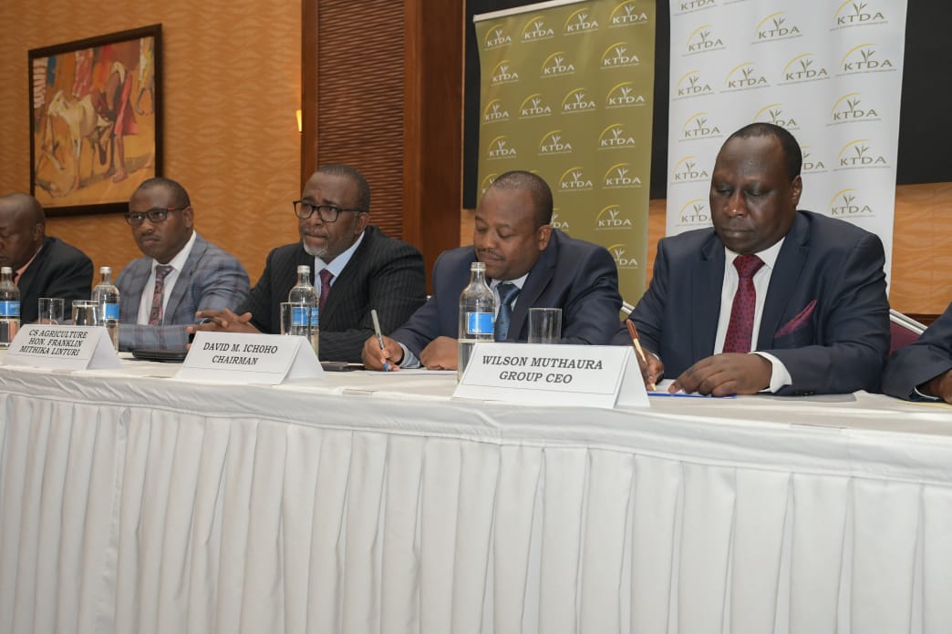 From right; KTDA Chief Executive Officer Wilson Muthaura, chairman David Ichoho,  Agriculture CS Mithika Linturi and KTDA vice chairman Wesley Koech at Serena Hotel yesterday.