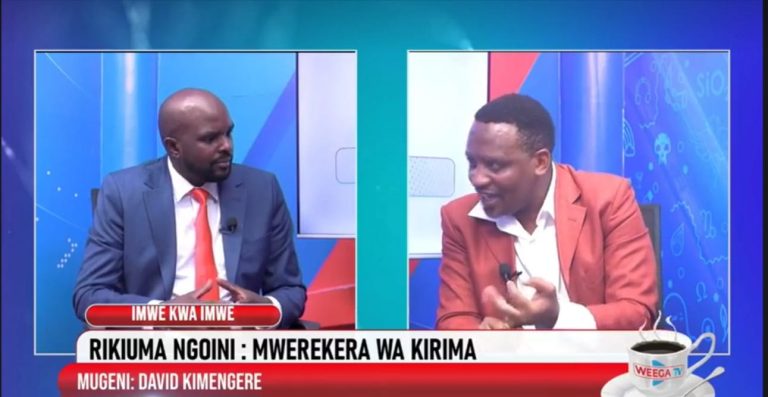 David Kimengere alias Sauti Ya Mnyonge (right) with Phillo Wakimani at Wega TV studios.
