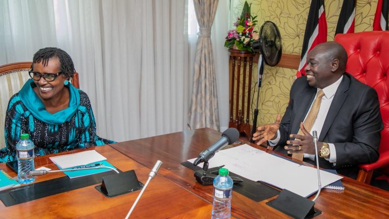 Deputy President Rigathi Gachagua with the Joint United Nations Programme on HIV and AIDS (UNAIDS) Executive Director Winnie Byanyim