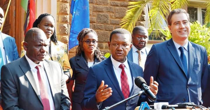 Foreign Affairs CS Alfred Mutua addressing journalists in Eldoret yesterday