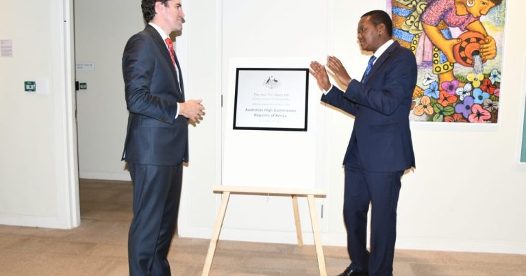 Foreign Affairs CS Alfred Mutua with Australia’s Assistant Minister for Foreign Affairs Tim Watts