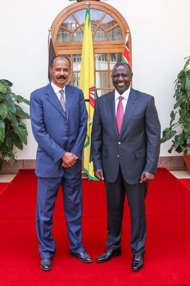 President William Ruto with his Eritrean counterpart President Isaias Afwerki at Nairobi