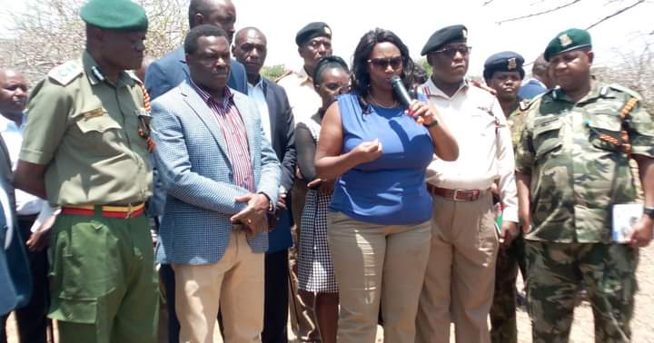 Principal Secretary Correctional Services Ms. Mary Muthomi Muriuki and Tharaka Nithi county governor Muthomi Njuki with other senior prison officers at the Chuka prison.