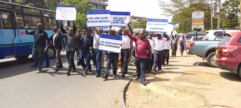 Private security workers' representatives held a peaceful procession in Nairobi yesterday