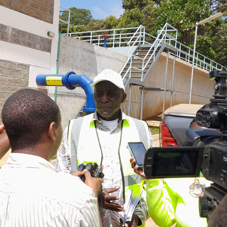 Tana Water Works Development Agency (TWWDA) chairman Wanyaga Gathaka addressing journalists at Chogoria Water Treatment plant yesterday