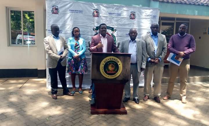 Tharaka Nithi Governor Muthomi Njuki addressing the press after yesterday's meeting