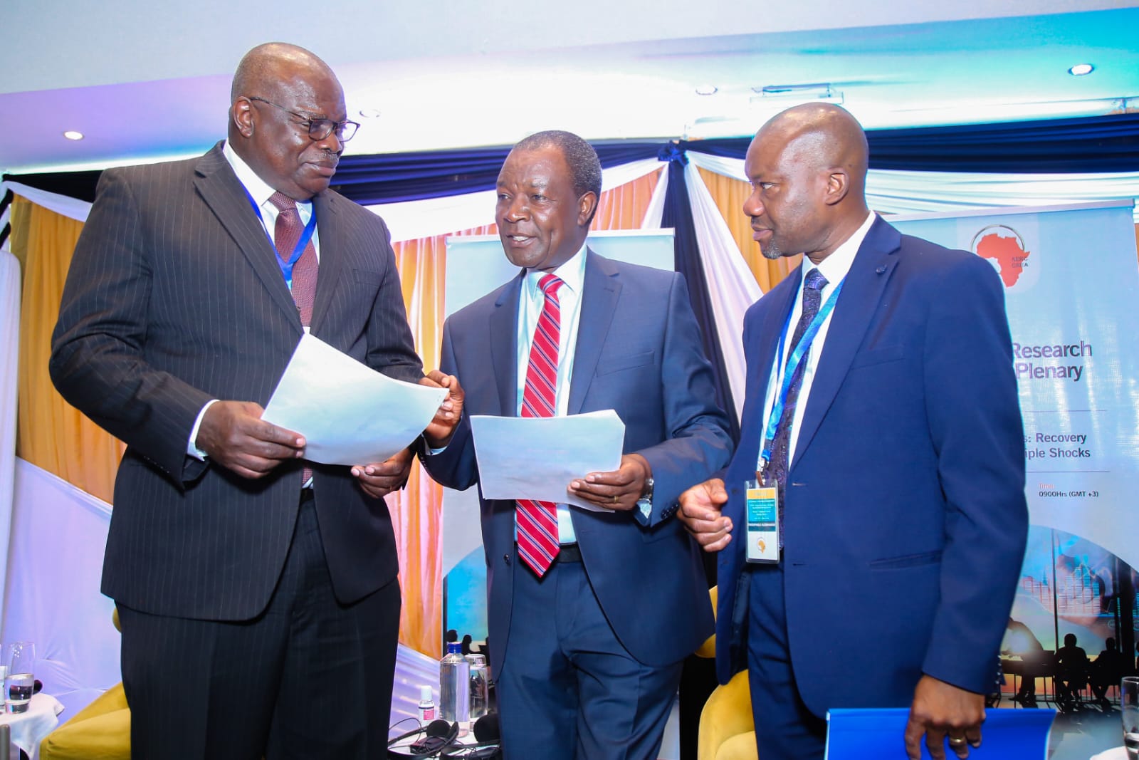 AERC chairman Prof. Ernest Aryeetey, Cabinet Secretary for National Treasury Prof. Njuguna Ndung’u and AERC Ag Executive Director Prof. Theophile Azomahou during a past function.