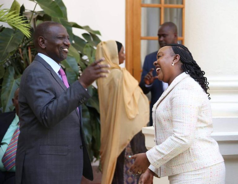 Bahati MP Irene Njoki shares a light moment with President William Ruto