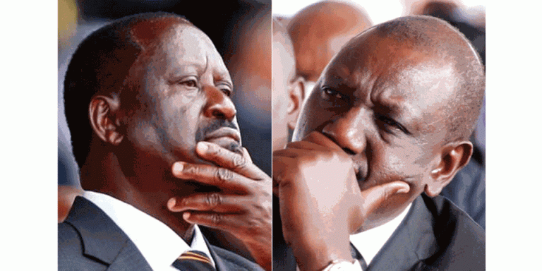 Former Prime Minister Raila Odinga (left) and President William Ruto