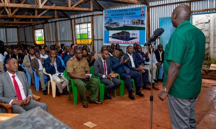 Deputy President Rigathi Gachagua addressing congregation at Ngorano Centre PCEA Church in Mathira yesterday. The second lady Pastor Dorcas also accompanied him.