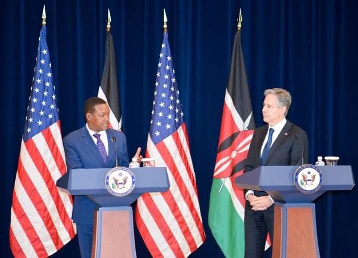 Foreign and Diaspora Affairs Cabinet Secretary Dr. Alfred Mutua with United States Secretary of State Anthony Blinken