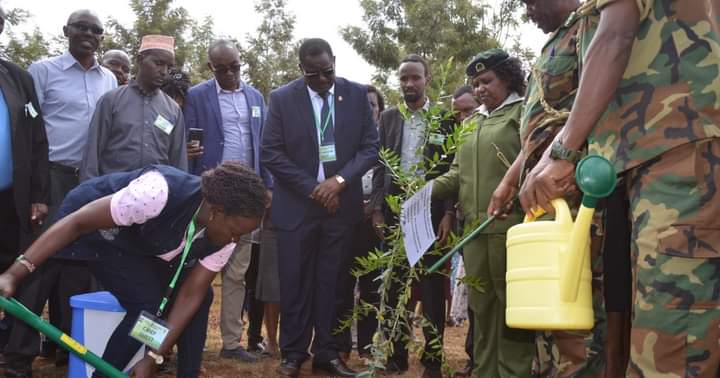 PS Esther Muoria with other officials during tree planting launch at Nyeri National Polytechnic on Saturday