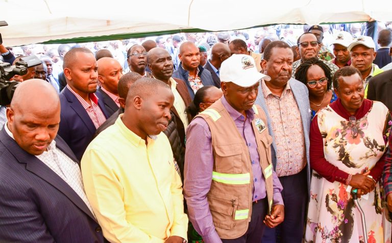 President William Ruto, Prime Cabinet Secretary Musalia Mudavadi and other leaders while inspecting the Turbo road on Saturday