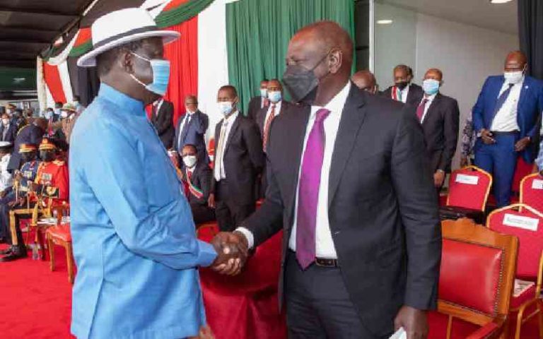 President William Ruto shakes hands with Azimio leader Raila Odinga in a previous event.