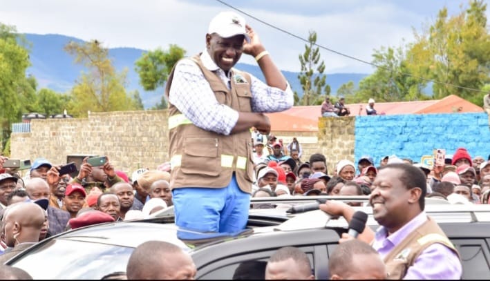 Prime Cabinet Secretary Musalia Mudavadi addressing Nyandarua County residents as President William Ruto looks on.