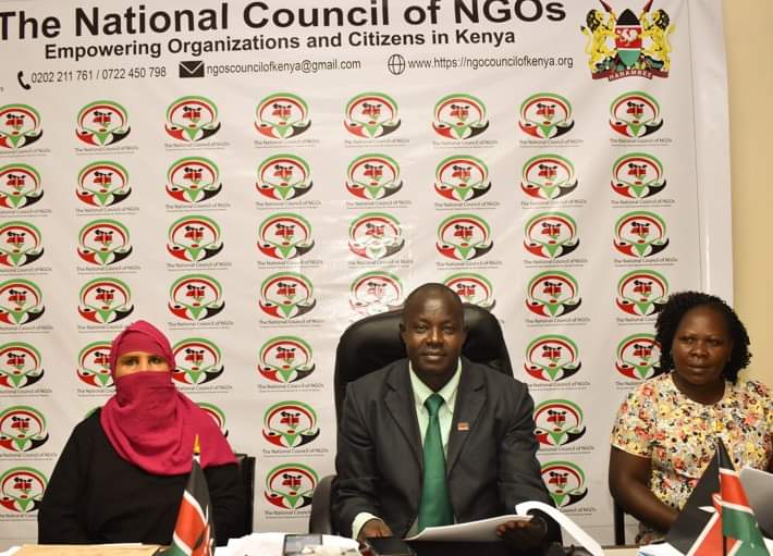NGO Council national chairman Stephen Cheboi and other officials addressing the media