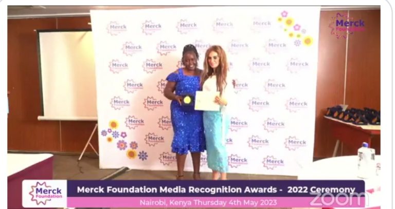 Senator, Dr. Rasha Kelej CEO Merck Foundation awarding Elizabeth Angira Journalist A Winner Online Category from East African Countries.