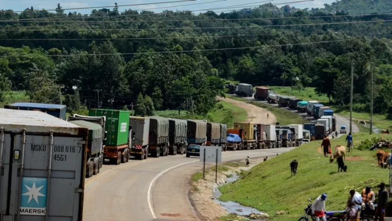 Trucks at the Malaba border crossing on the Kenya-Uganda border