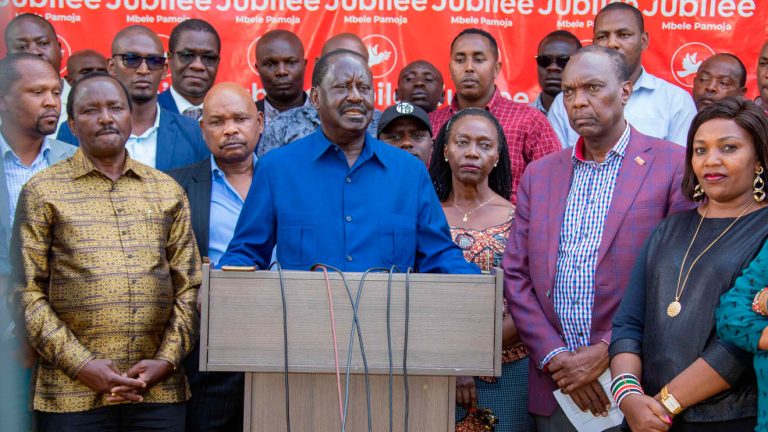 Azimio la Umoja leader Raila Odinga flanked by the coalition's top leadership