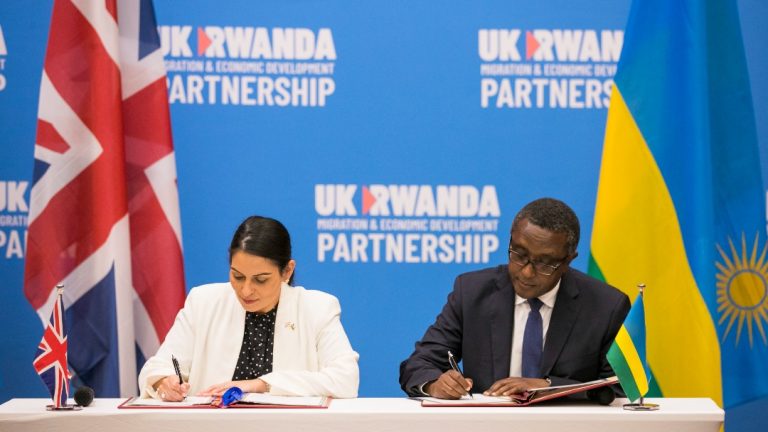 Photo 1 Thr contentious Rwanda asylum programme agreement signed on April 14, 2022 between former Home Secretart Priti Patel and Rwanda Minister Vincent Biruta, Photo Courtesy,