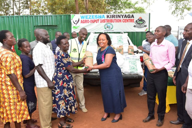Governor Anne Waiguru distributes sorghums seed to farmers in Togonye Area, Murinduko Ward