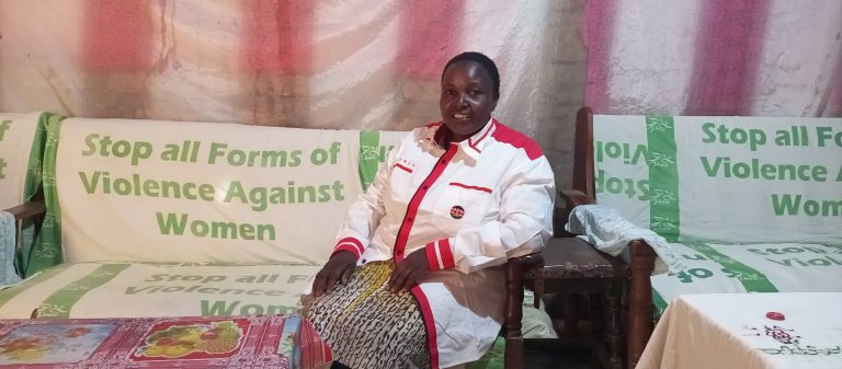 Joyce Kemunto, a female genital mutilation (FGM) practitioner turned anti-FGM crusader, has decorated her entire house including the seat covers with messages against the practice Photo /Elizabeth Angira