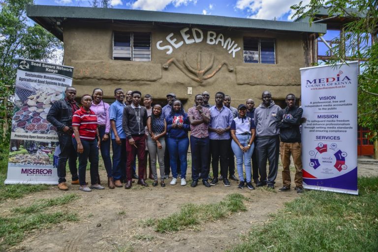 ournalists and media trainers pose for a photo after a training session at Seed Savers Network - Kenya in Gilgil, Nakuru County.