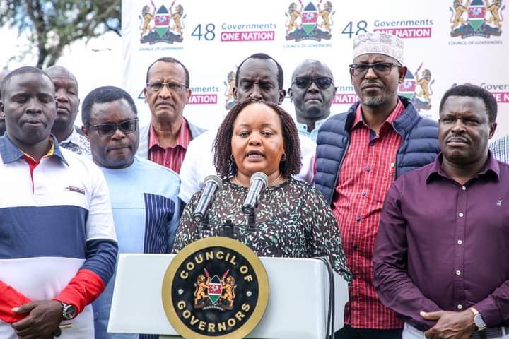 Council of Governors chairperson Ann Waiguru addressing the media while flanked by her colleagues