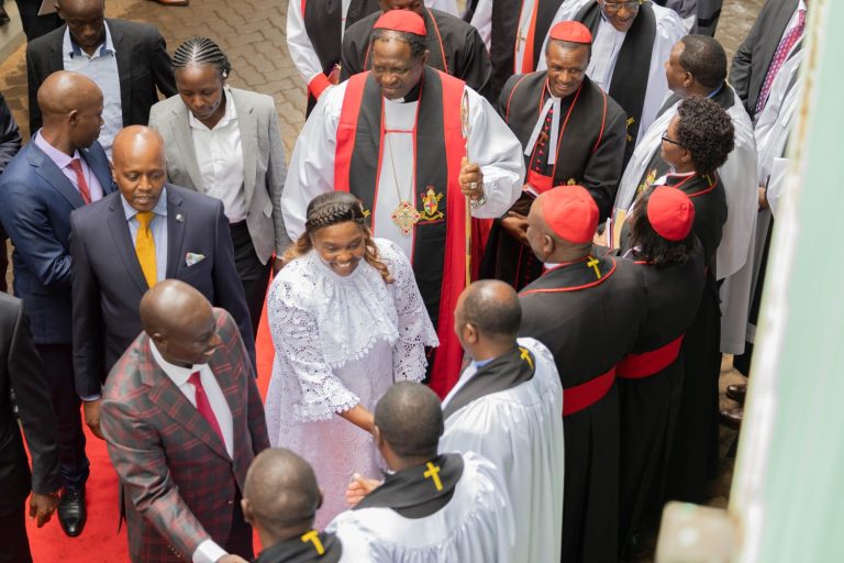 DP Rigathi Gachagua and his spouse Pastor Dorcas greet the clergy after arriving at the ACK St. James Cathedral, Kiambu town. Pastor Dorcas was the guest preacher.